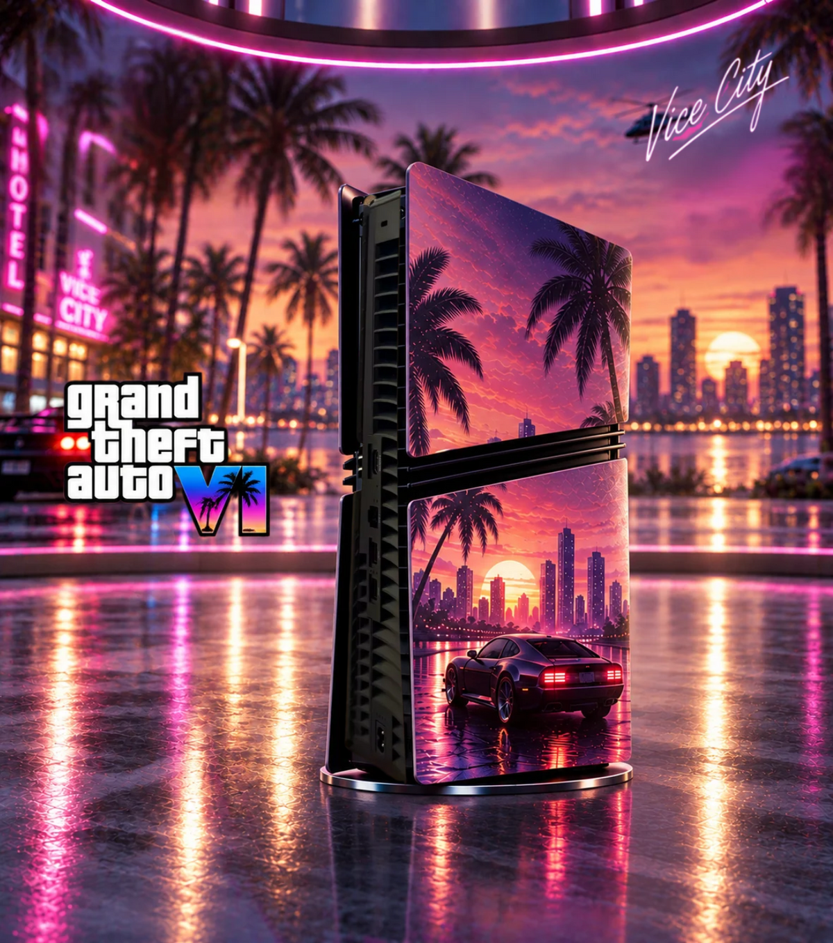 Coque PS5 GTA 6 sur PS5 Slim : façade Vice City au coucher du soleil, palmiers et voiture