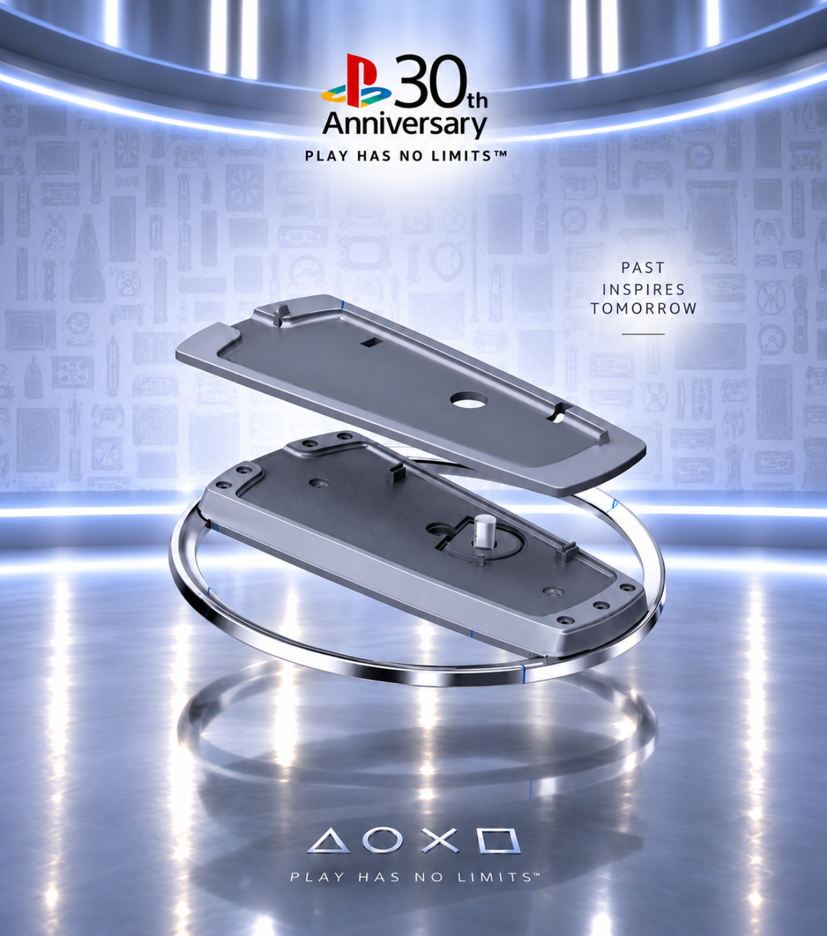 Support vertical PS5 30th Anniversary gris : anneau chromé, platine et vis de fixation