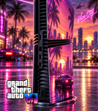 Façade PS5 GTA 6 de profil sur PS5 Slim, décor Vice City néon au coucher du soleil