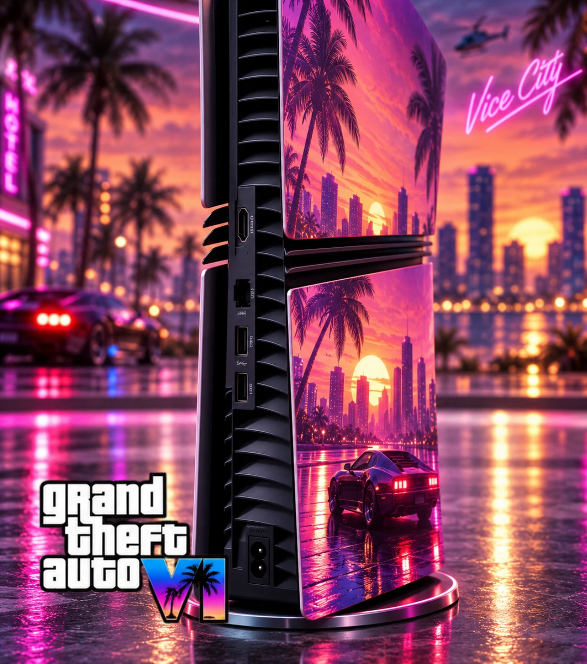 Façade PS5 GTA 6 de profil sur PS5 Slim, décor Vice City néon au coucher du soleil