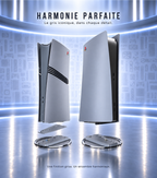 PS5 Slim et PS5 standard dressées sur leur support vertical gris 30th Anniversary