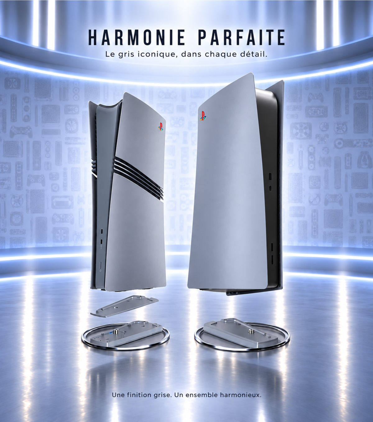 PS5 Slim et PS5 standard dressées sur leur support vertical gris 30th Anniversary
