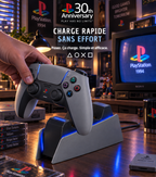 Chargeur Manette PS5 30th Anniversary – Station de Charge Double DualSense, Témoin LED & Halo Tactile | Gris Rétro PS1
