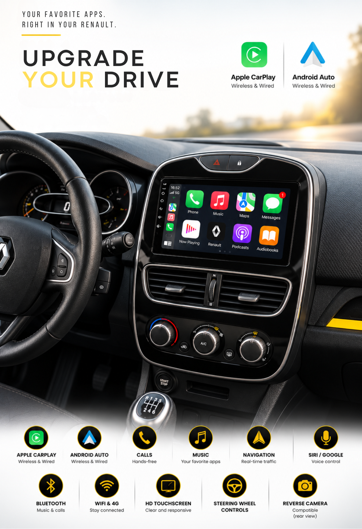 Auto-rádio CarPlay Clio 4 – CarPlay e Android Auto sem fios, GPS | Renault Clio 4 fase 1 e 2 (2012-2019)