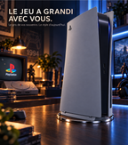 PS5 verticale sur son socle gris rétro, face à une PlayStation 1 de 1994