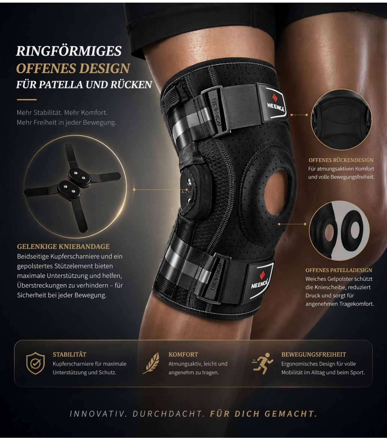 NEENCA Genouillère avec charnières articulées – maintien stable pour douleurs de la rotule, des tendons et du ménisque