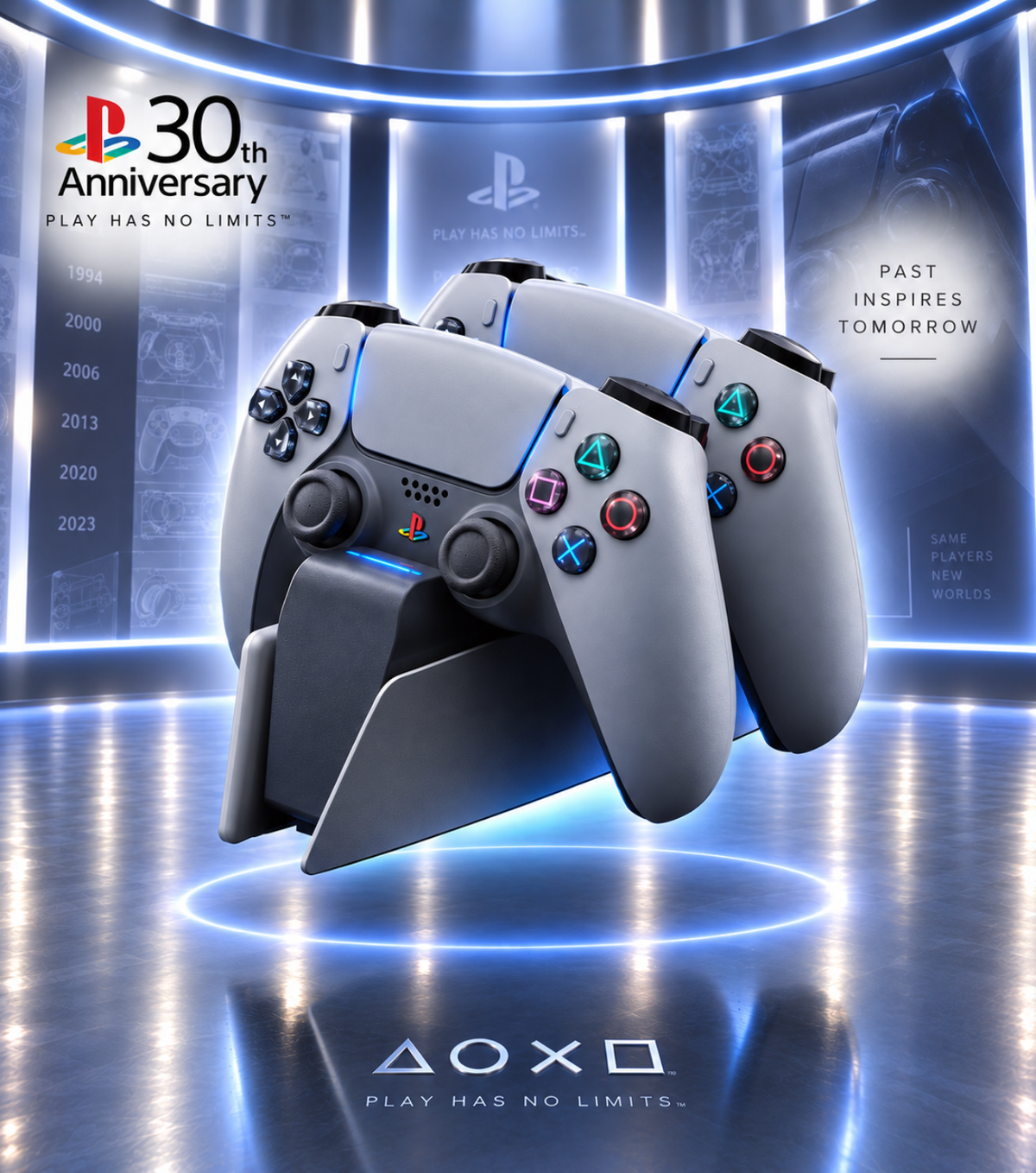 Chargeur Manette PS5 30th Anniversary – Station de Charge Double DualSense, Témoin LED & Halo Tactile | Gris Rétro PS1