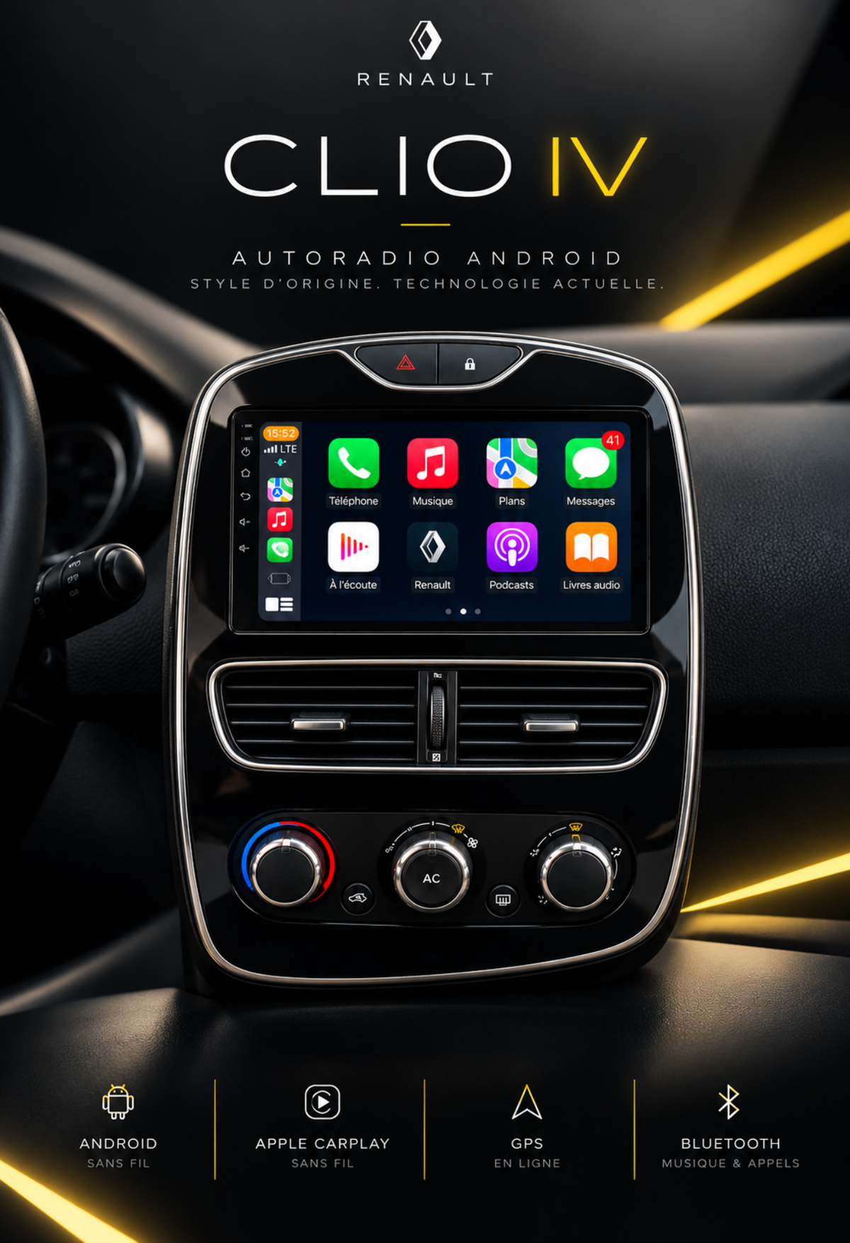 Auto-rádio CarPlay Clio 4 – CarPlay e Android Auto sem fios, GPS | Renault Clio 4 fase 1 e 2 (2012-2019)