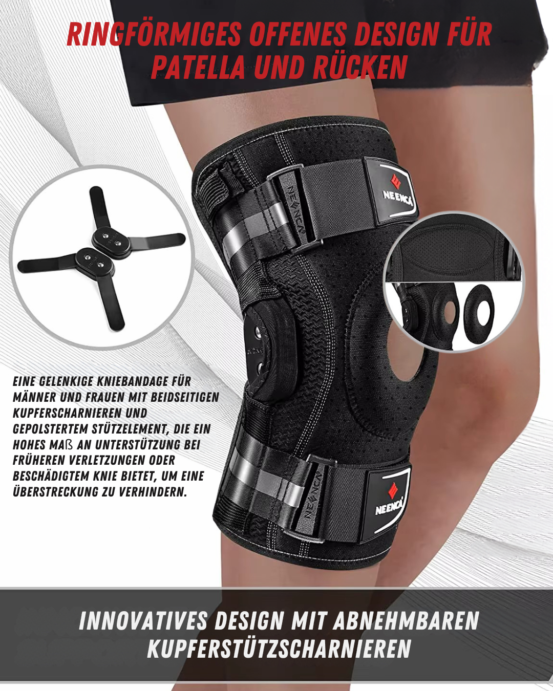 NEENCA Genouillère avec charnières articulées – maintien stable pour douleurs de la rotule, des tendons et du ménisque