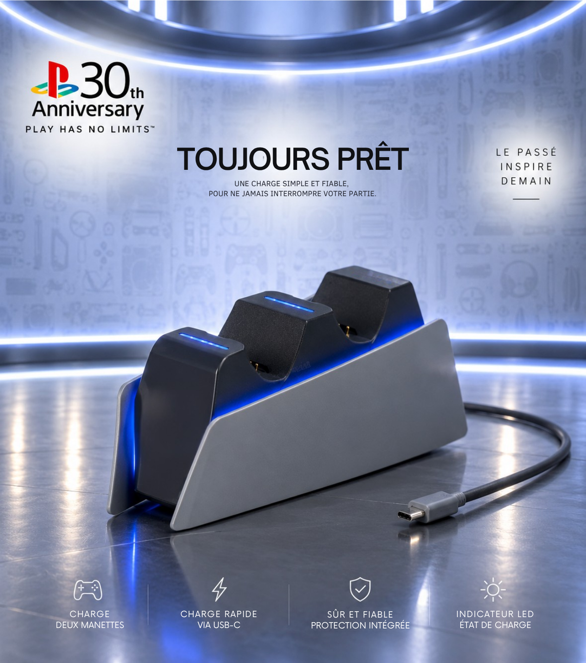 Chargeur Manette PS5 30th Anniversary – Station de Charge Double DualSense, Témoin LED & Halo Tactile | Gris Rétro PS1