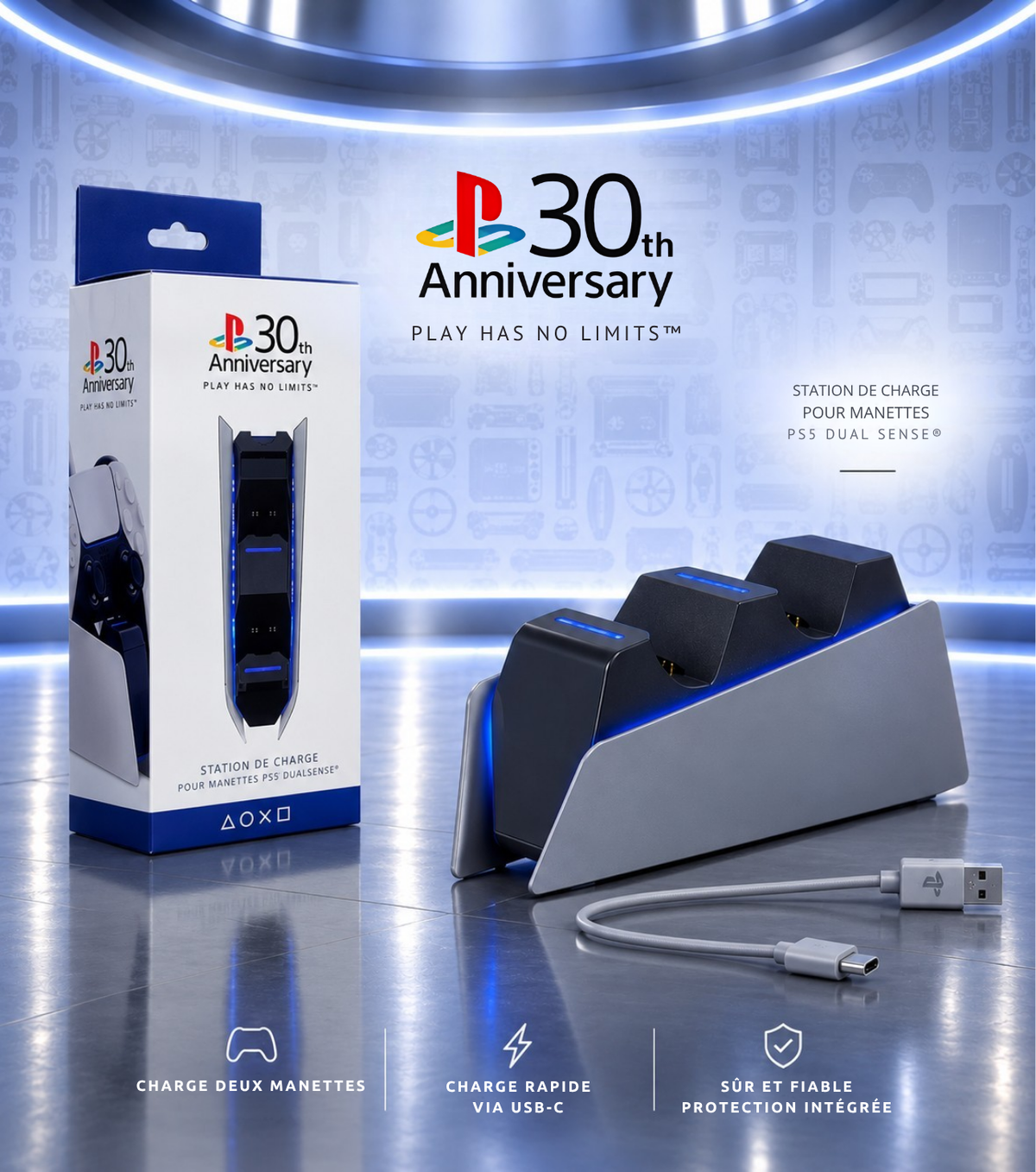 Chargeur Manette PS5 30th Anniversary – Station de Charge Double DualSense, Témoin LED & Halo Tactile | Gris Rétro PS1