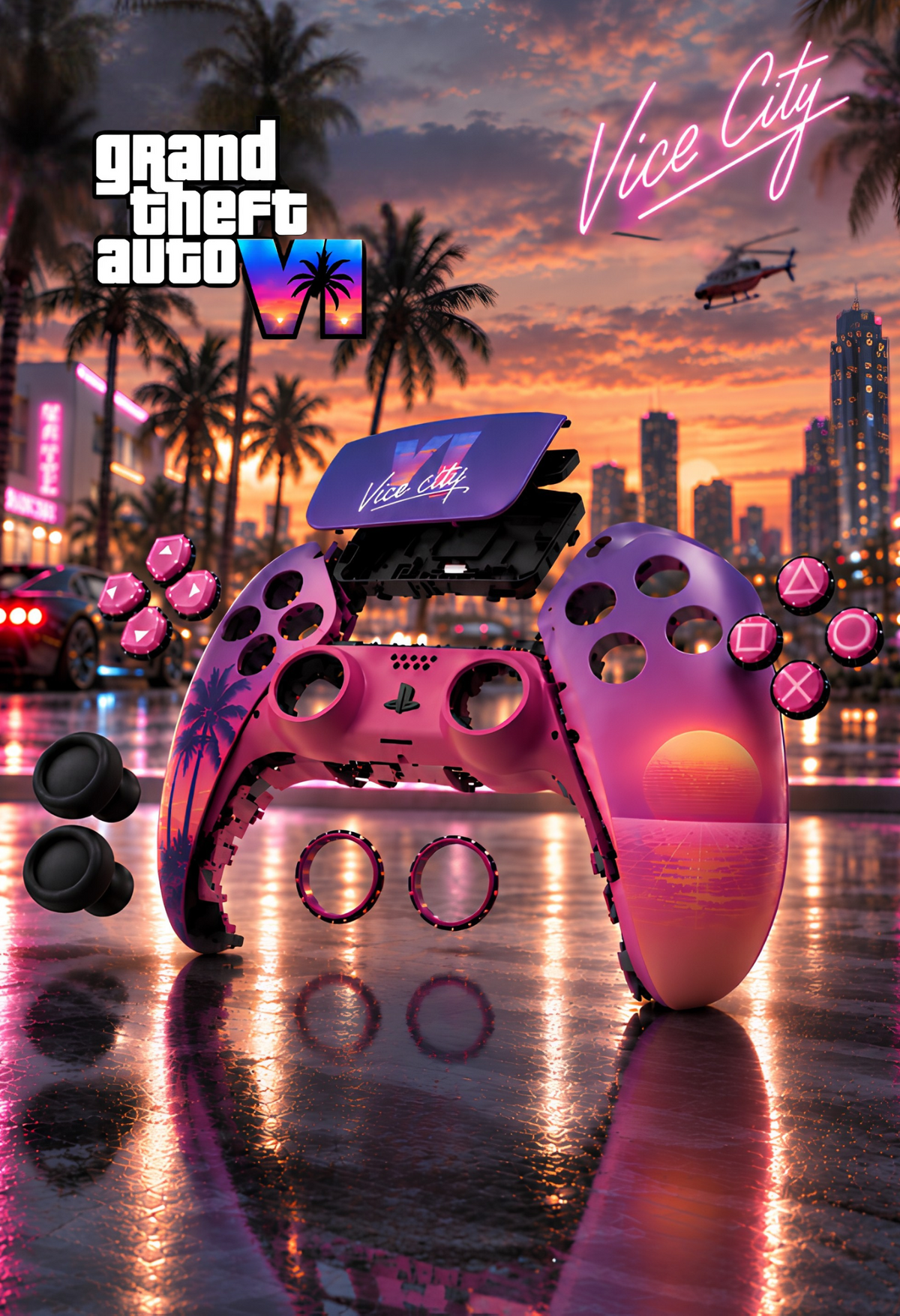 Carcaça comando PS5 GTA 6 em peças: capa DualSense Vice City rosa e roxa, painel tátil VI, botões e joysticks