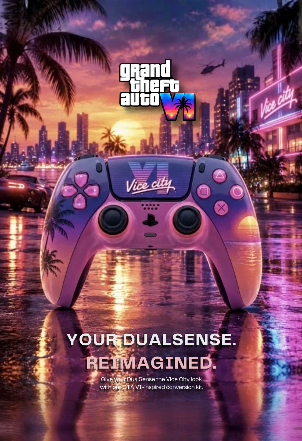 Comando PS5 com carcaça GTA 6 Vice City rosa e roxa, palmeiras e pôr do sol