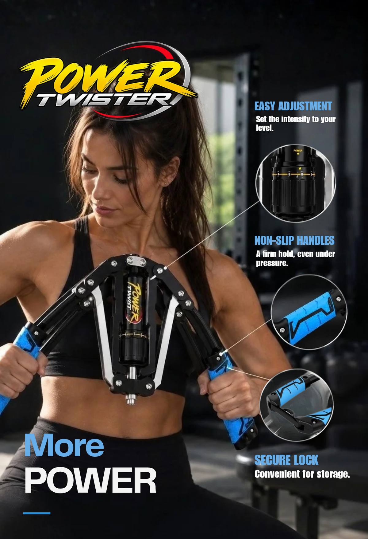 Mulher a usar o power twister: pegas antiderrapantes e fecho para arrumar