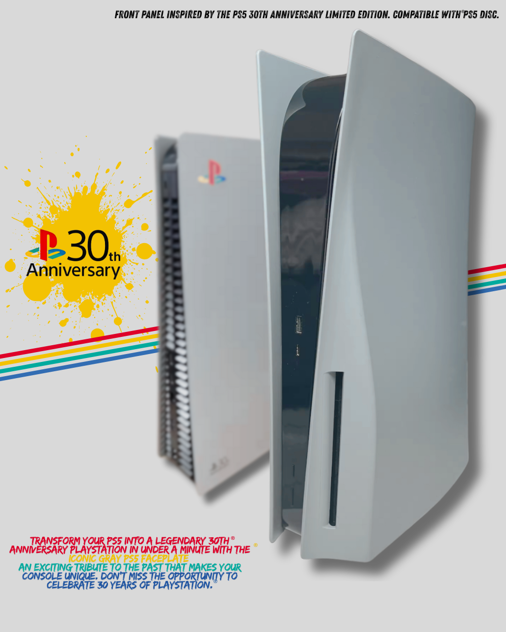 Faceplate PS5 (Façade / Coque) Rétro Gris – Style 30th Anniversary, Compatible PS5 Standard, Slim & Pro