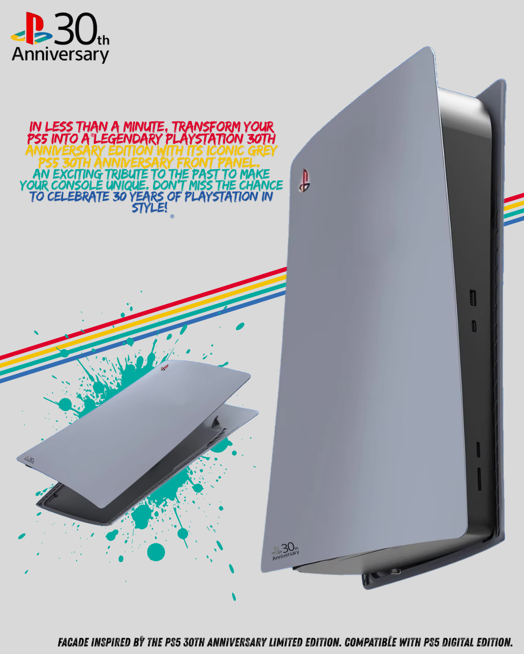 Faceplate PS5 (Façade / Coque) Rétro Gris – Style 30th Anniversary, Compatible PS5 Standard, Slim & Pro