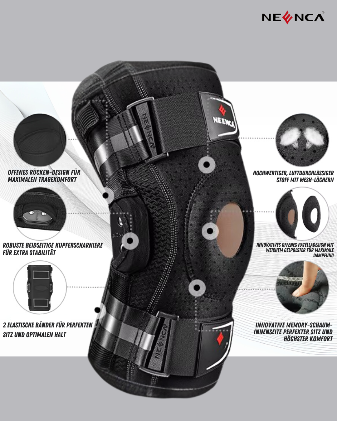NEENCA Genouillère avec charnières articulées – maintien stable pour douleurs de la rotule, des tendons et du ménisque