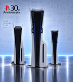 Drei PS5 (Slim, Standard und Pro) mit retro-grauen 30th Anniversary Covern