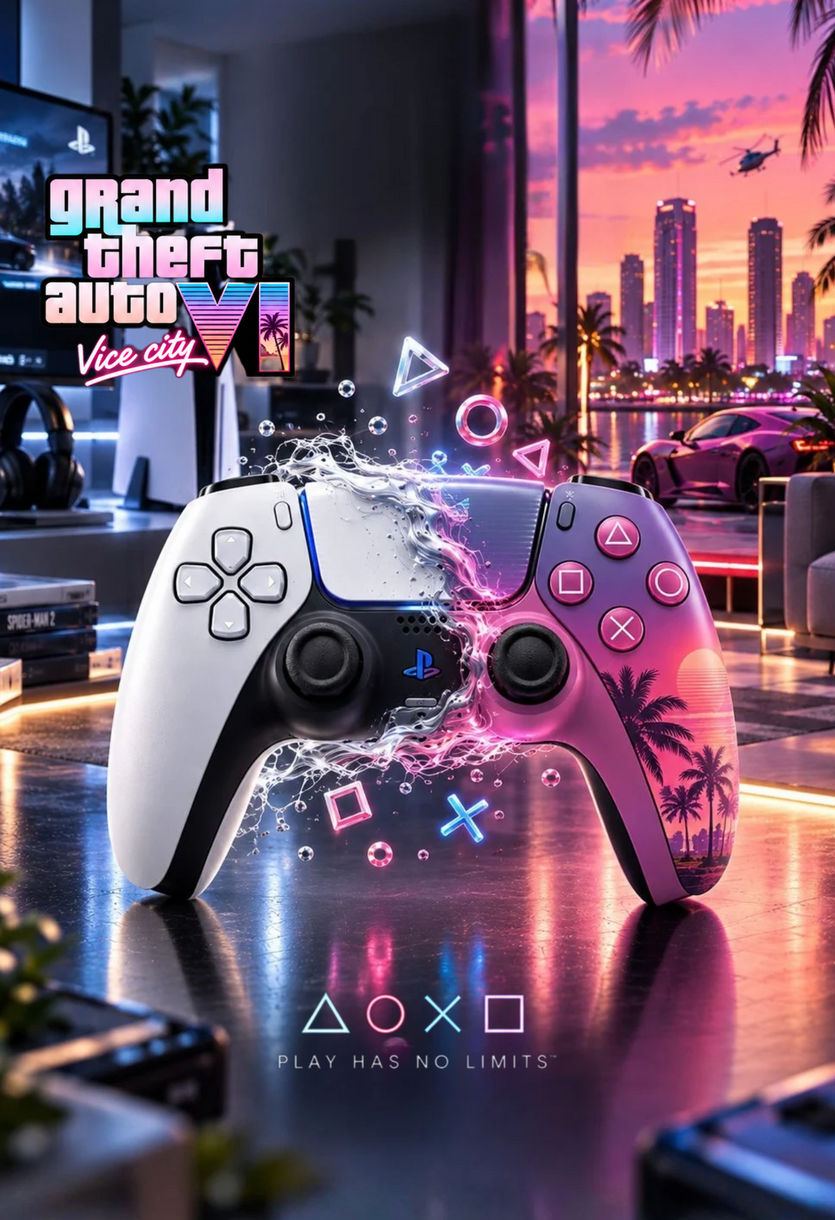 Carcaça Comando PS5 GTA 6 – Capa DualSense Vice City Rosa e Roxo