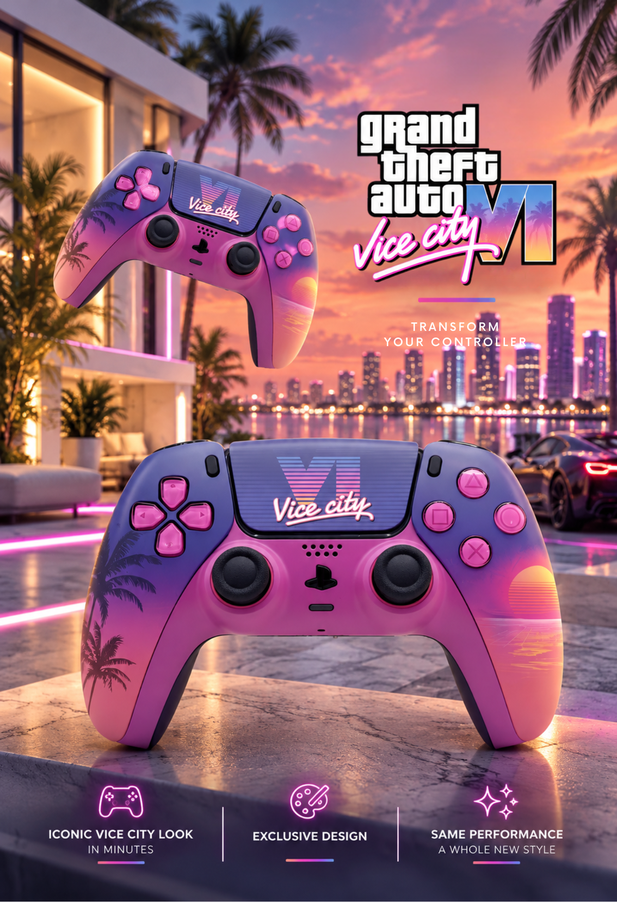 Carcaça Comando PS5 GTA 6 – Capa DualSense Vice City Rosa e Roxo